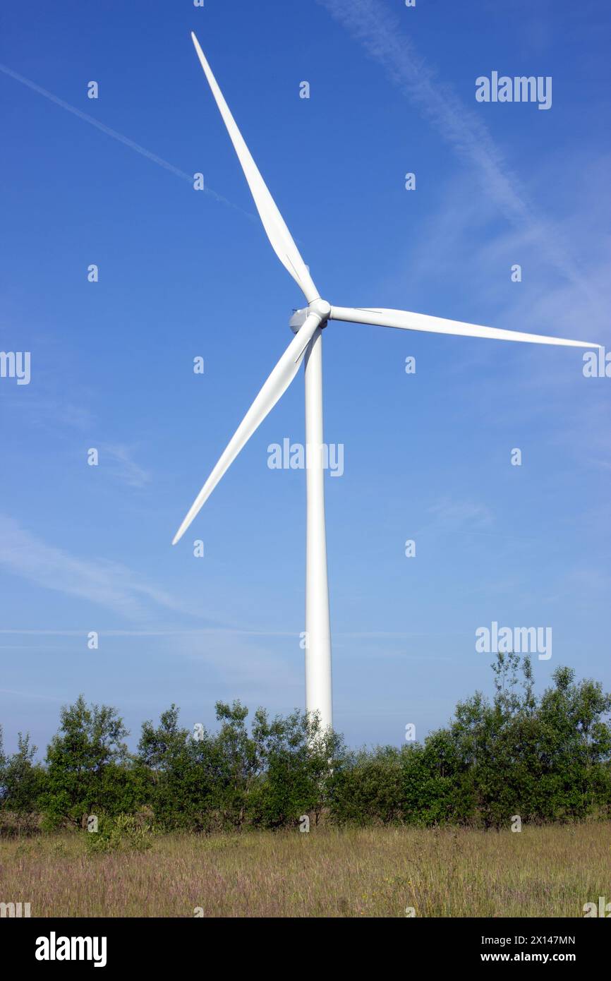 Éolienne sur fond de ciel bleu, Oakdale, Blackwood, pays de Galles, Royaume-Uni Banque D'Images
