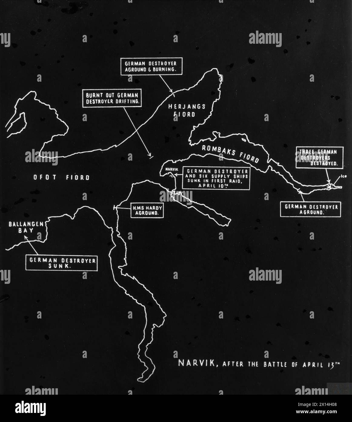 Le schéma illustre la deuxième action navale britannique au large de Narvik le 13 avril 1940. Banque D'Images