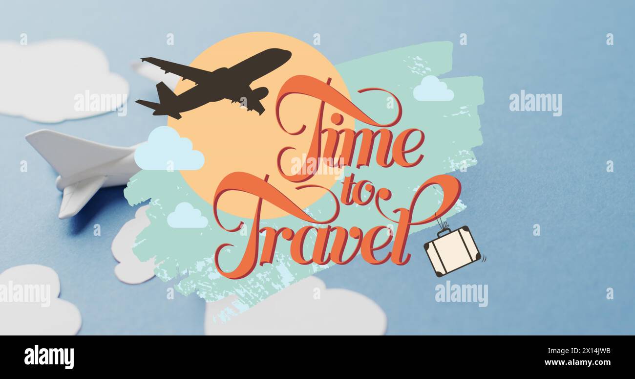 Image de temps pour voyager texte sur le modèle d'avion avec des nuages sur fond blanc Banque D'Images