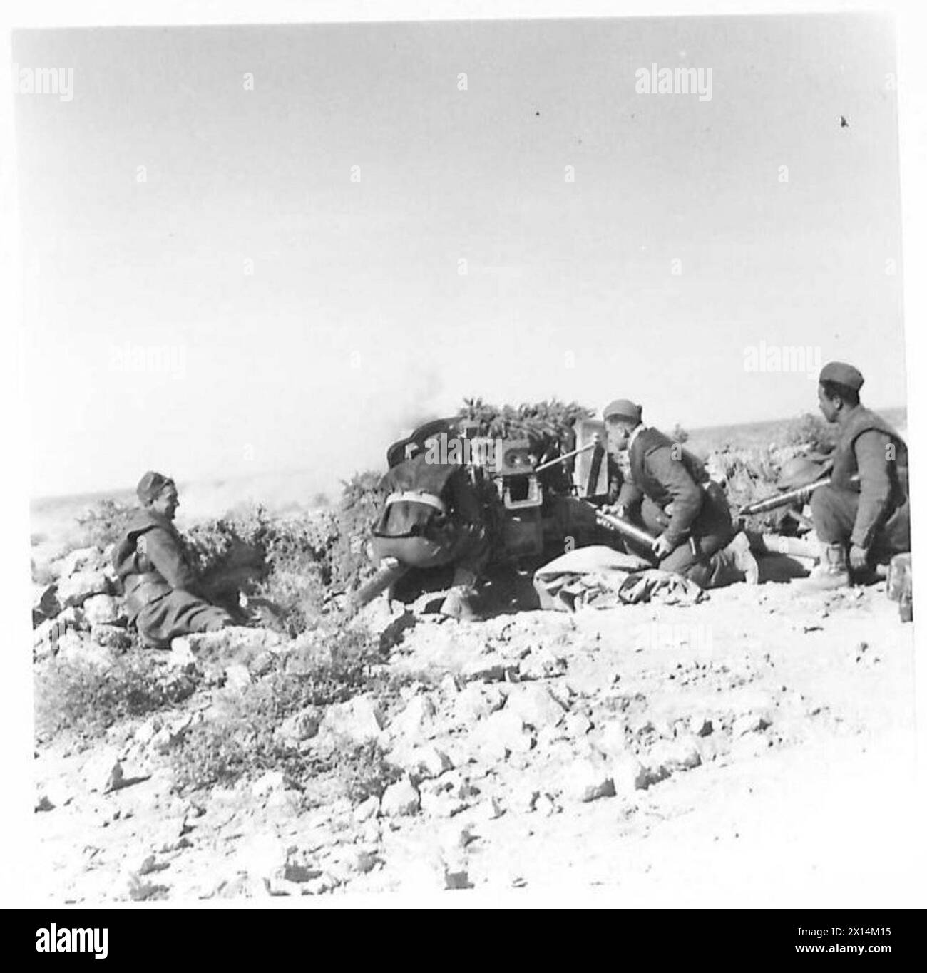 L'ARMÉE POLONAISE DANS LA CAMPAGNE DU DÉSERT occidental, 1940-1942 - troupes de (probablement) l'escadron d'artillerie antichars des Carpates tirant un canon allemand Pak 38 capturé à partir d'un poste avancé. Ces photos prises aux positions les plus avancées autour de Carmuset er Regem (Karmusat Ar Rijam) près de Gazala, montrent des unités d'infanterie et d'artillerie de la Brigade indépendante polonaise de fusils des Carpates face aux forces allemandes et italiennes Armée britannique, Armée polonaise, Forces armées polonaises à l'Ouest, Brigade indépendante de fusils des Carpates, forces armées polonaises dans l'Ouest, Brigade indépendante des Carpates, Carpates Banque D'Images