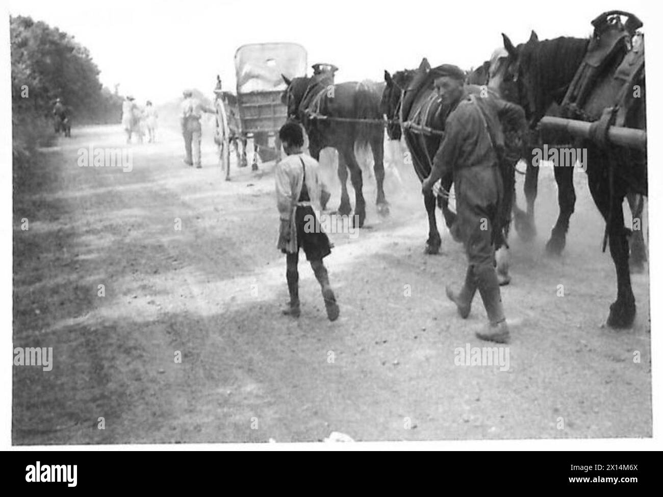 Les habitants de Condé retournent le long de routes poussiéreuses vers les restes de leurs maisons alors que la bataille se déplace vers le sud, British Army, 21st Army Group. Banque D'Images