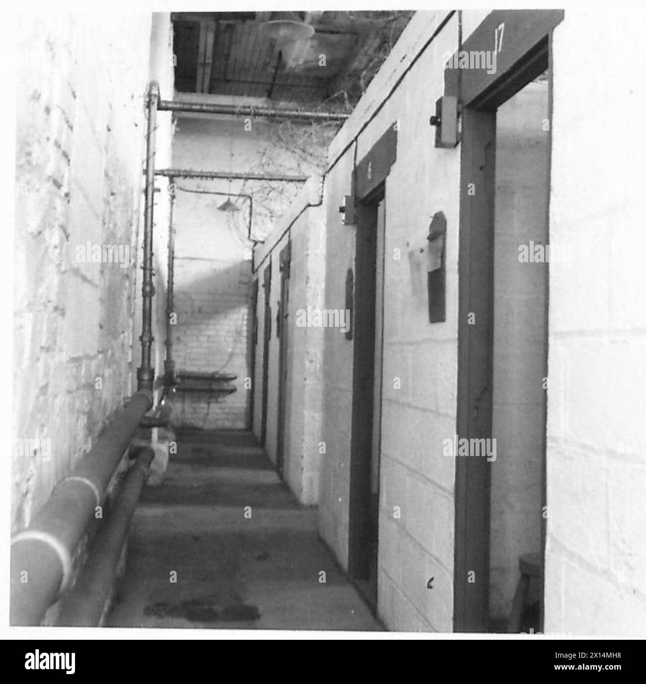 Les casernes de détention de Carrickfergus comportent des cellules et des chambres individuelles construites à partir de blocs de béton avec des plafonds en métal déployé renforcés de barbelés. Banque D'Images