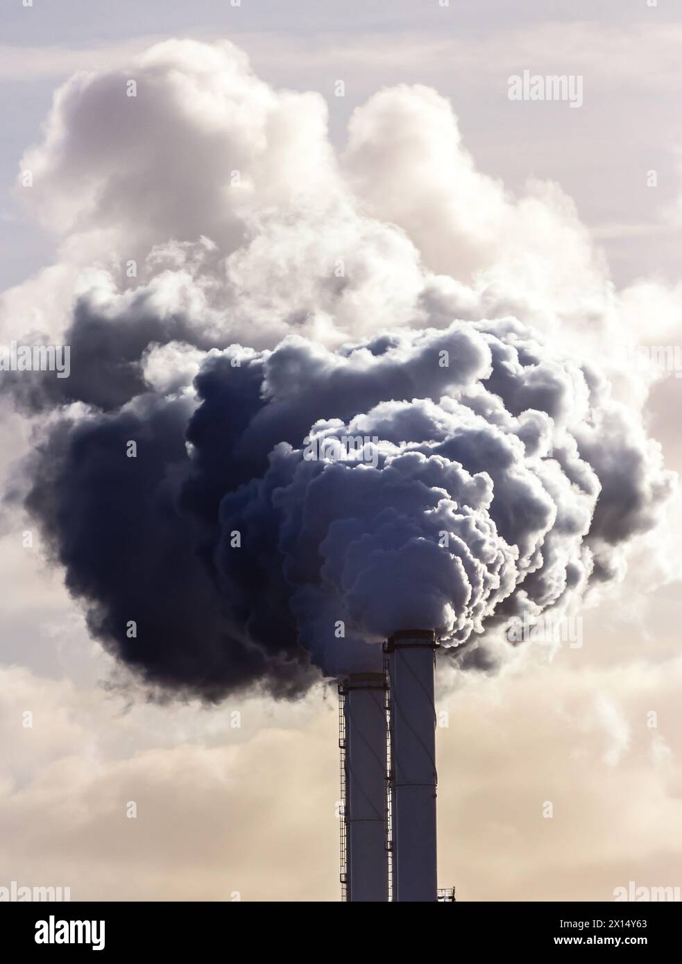 Fumer les tuyaux de cheminée d'une centrale électrique causant la pollution de l'air. Banque D'Images