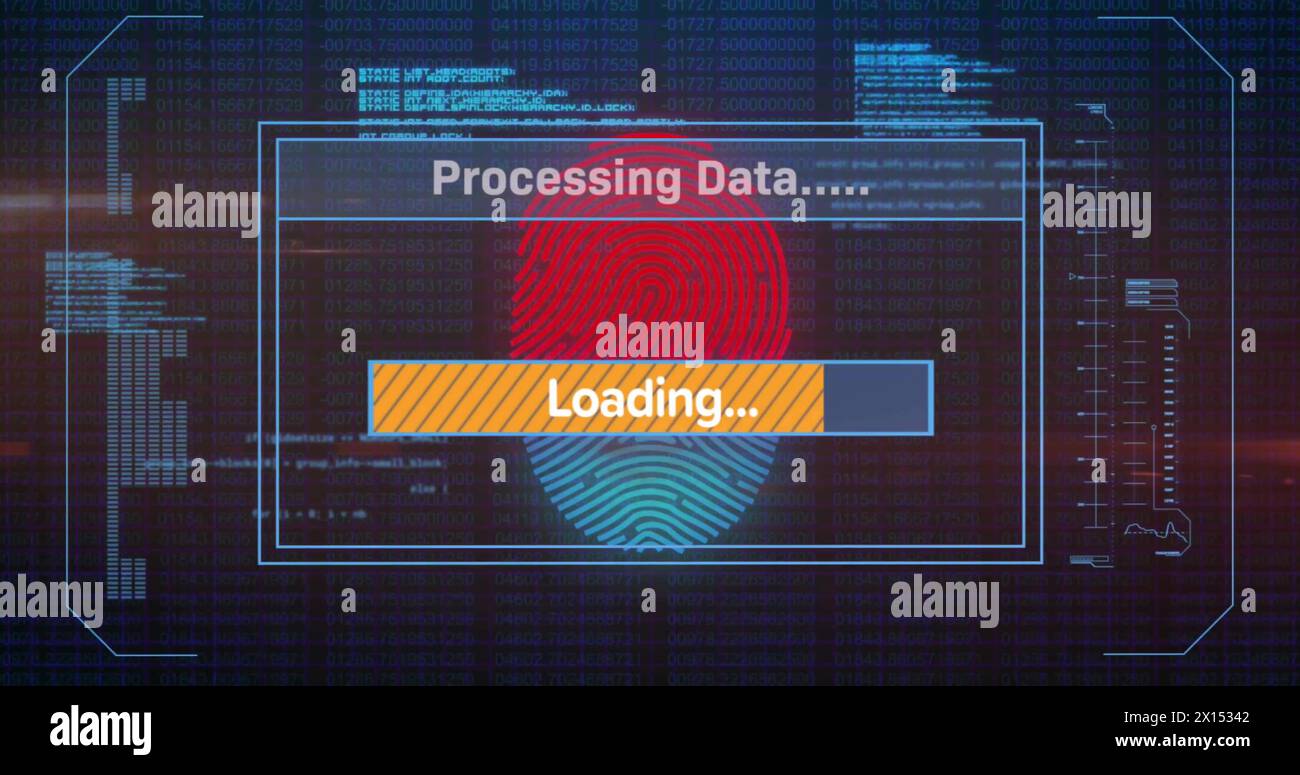 Image des barres de chargement, de la langue de l'ordinateur, des empreintes digitales et des numéros changeants sur fond noir Banque D'Images
