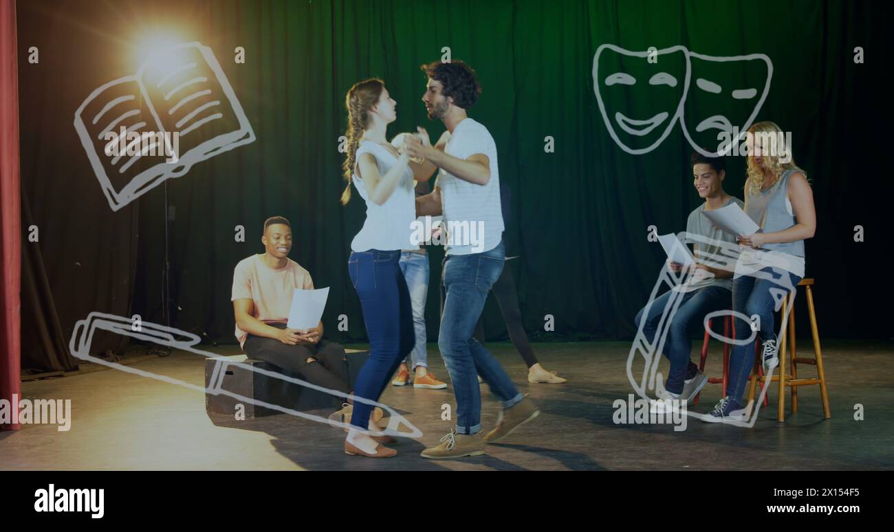 Image des icônes du théâtre sur divers groupes d'étudiants dansant sur scène Banque D'Images