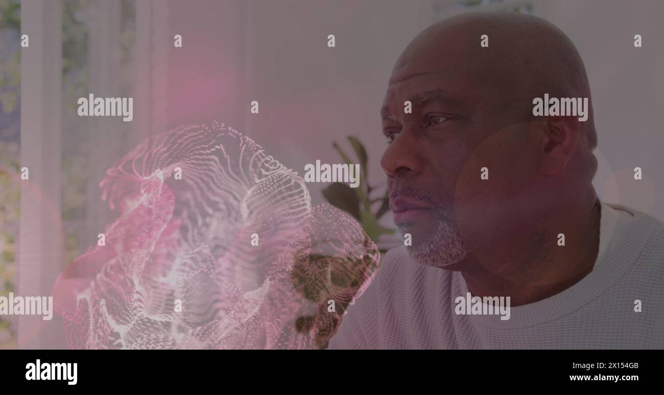 Image de taches blanches en mouvement sur un homme afro-américain touchant son front Banque D'Images
