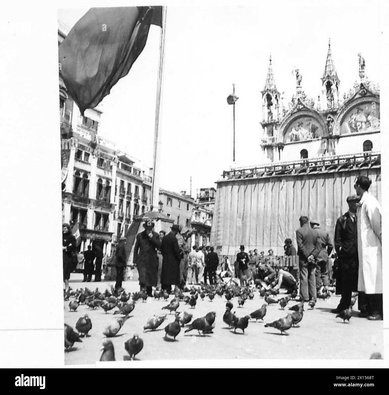 Des membres de la huitième armée néo-zélandaise nourrissent les pigeons sur la place San Marco, à Venise, lors d'une visite. Banque D'Images