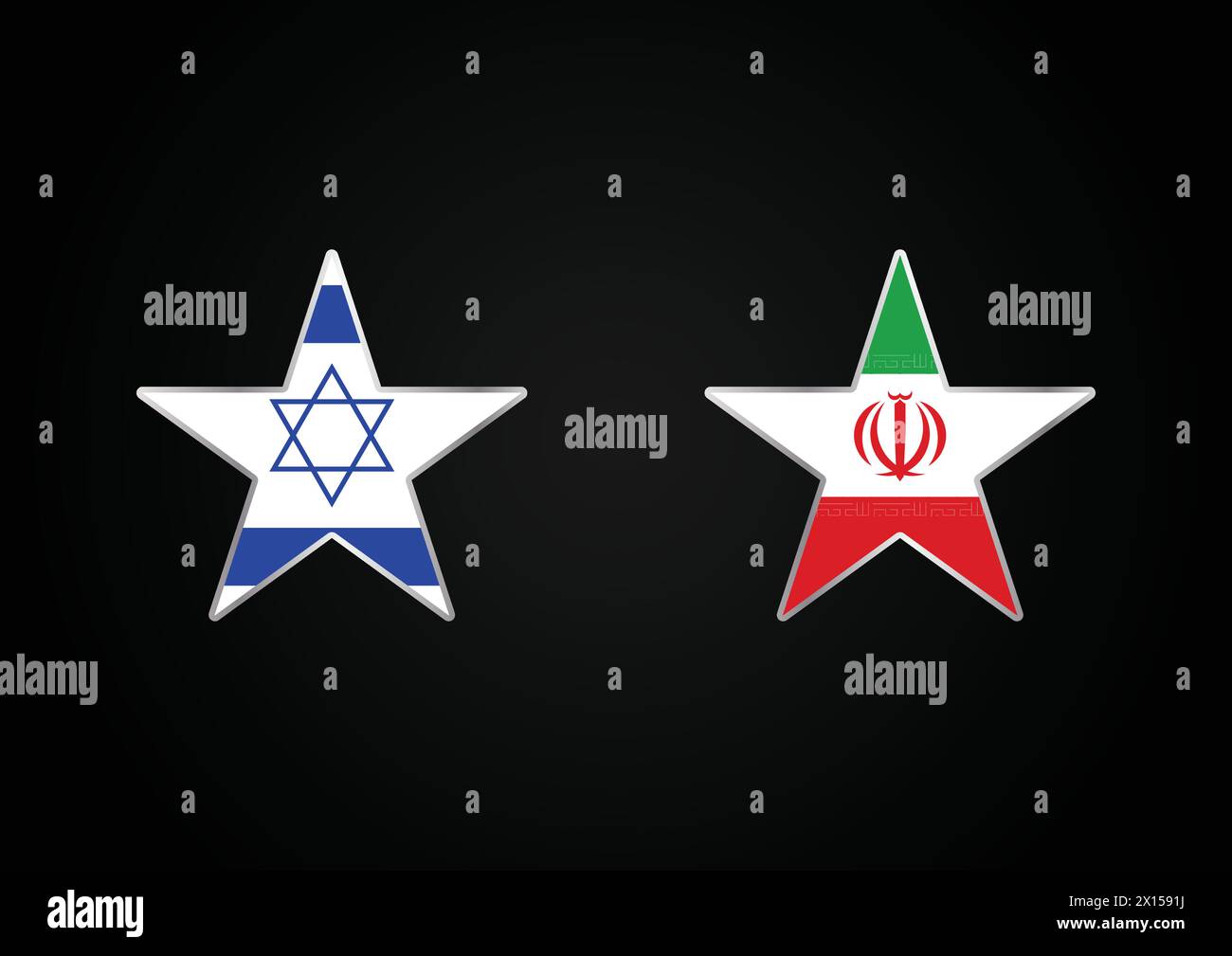 Israël contre la guerre Iran. Israël vs Iran étoiles drapeaux de concept sur fond noir. Iran et Israël conflit politique, économie, crise de guerre, relation Illustration de Vecteur