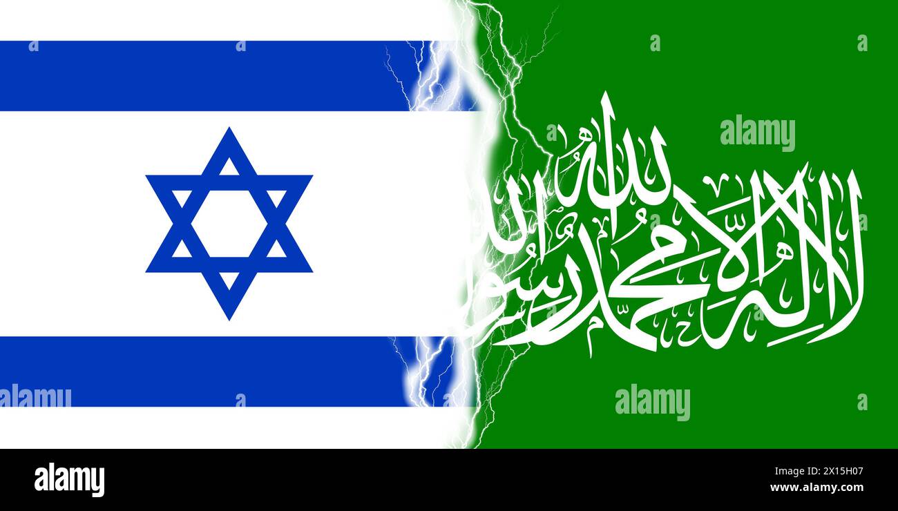 Effet éclairs entre les drapeaux d'Israël et du Hamas. Attaque israélienne et Hamas, symbole de la guerre à Gaza Banque D'Images