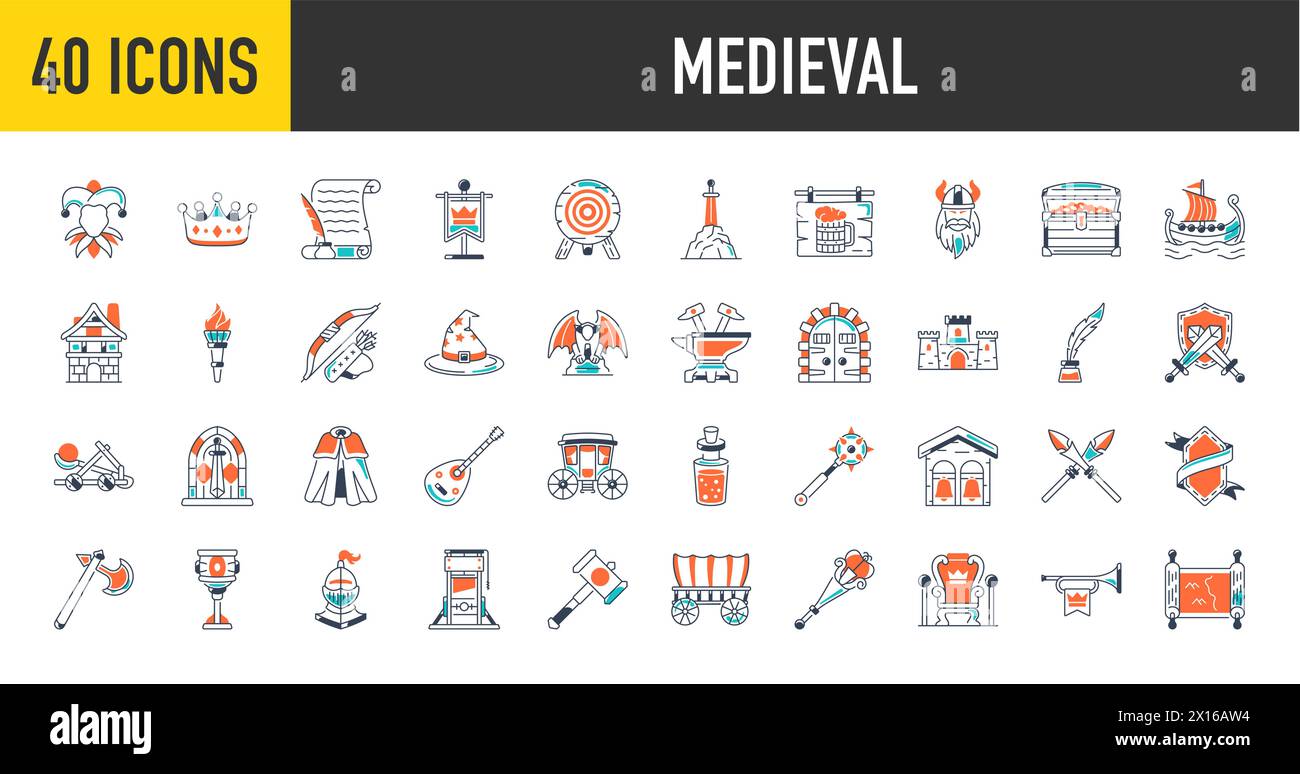 Ensemble simple de l'icône de vecteur lié au moyen-âge. Contient des icônes telles que Chevalier, Château, Couronne et plus encore. Illustration de Vecteur