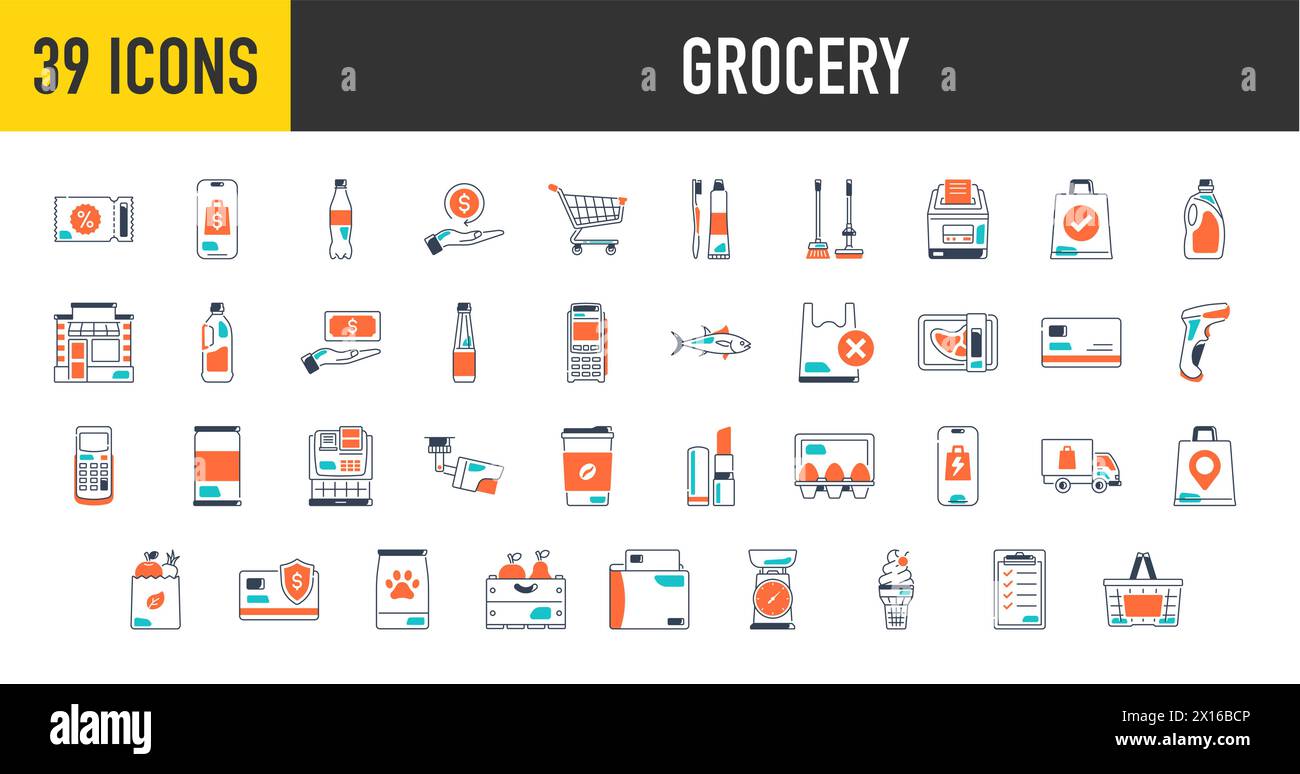 Icônes d'épicerie. Images des départements de l'épicerie, des ventes, de la livraison géographique, du panier de consommation, des produits laitiers et carnés, du pain, des légumes, des fruits Illustration de Vecteur