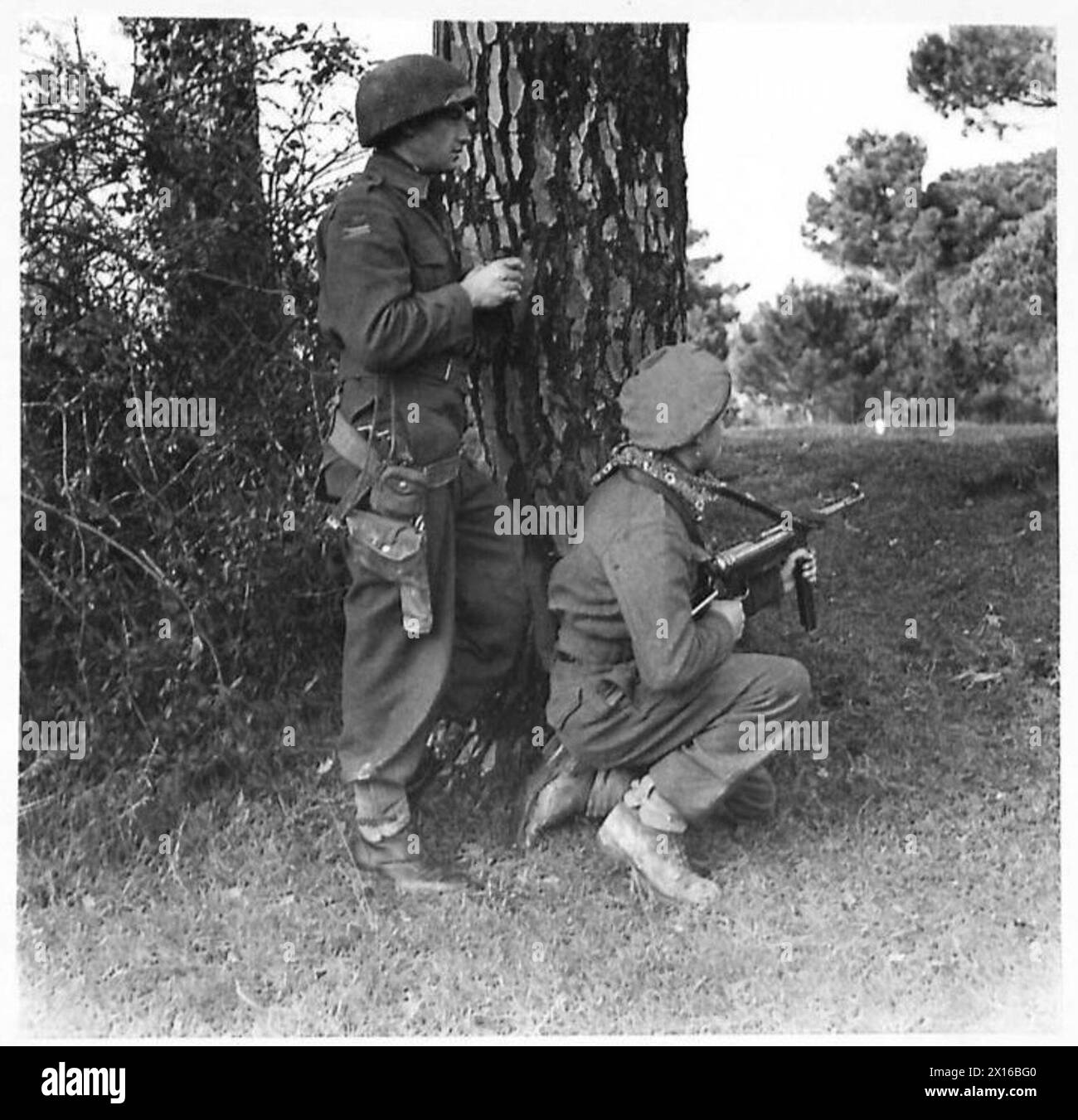 Les lanceurs patrouillent les pinèdes en Afrique du Nord accompagnés de partisans locaux familiers avec le terrain ; TPR. Grégoire de Stoke-on-Trent est représenté avec un partisan. Banque D'Images