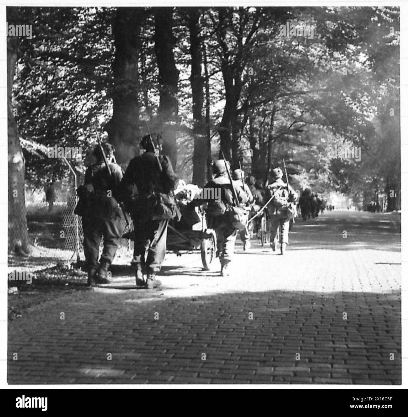 Les hommes du 2e bataillon du South Staffordshire Regiment se déplacent le long de l'Utrechtsweg à Oosterbeek en direction d'Arnhem lors de l'opération Market Garden le 18 septembre 1944. Banque D'Images