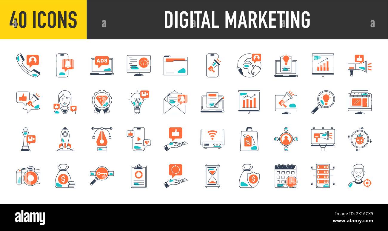 Jeu d'icônes de marketing numérique. Contenant seo, contenu, site Web, médias sociaux, ventes et publicité en ligne. Collection de symboles vectoriels solides. Illustration de Vecteur