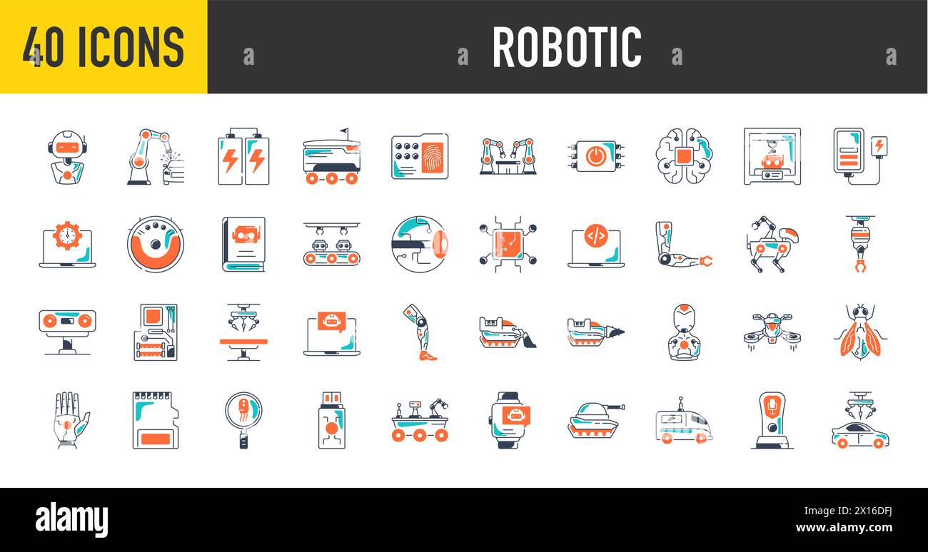 Icônes robotiques. Ensemble d'icônes avec apprentissage automatique, cerveau, ai, tête, machine, technologie, IA et plus encore. Illustration de Vecteur