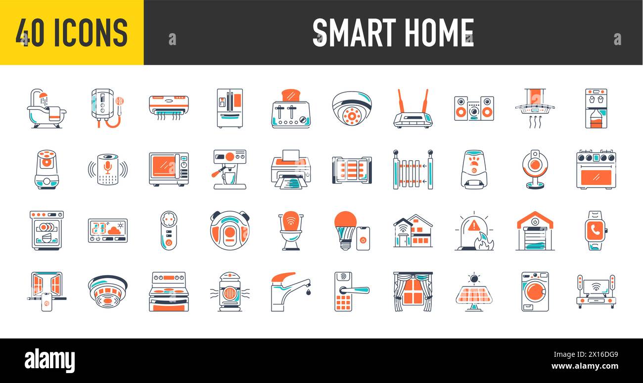 Collection d'icônes de maison intelligente. contrôle de l'éclairage, du chauffage, de la climatisation. Ensemble de symboles de domotique et de surveillance à distance dessinés. Vecteur. Illustration de Vecteur