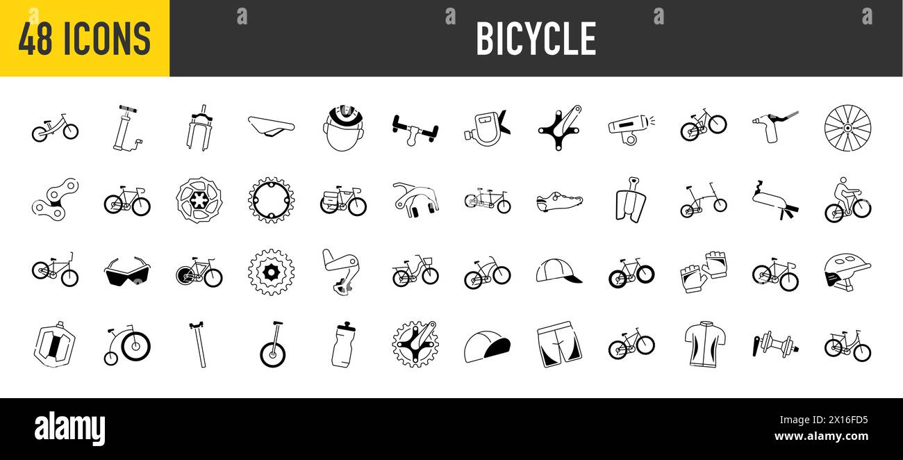 Bicyclette, icônes cyclistes définies. Balade à vélo, collection d'icônes. Illustration de Vecteur