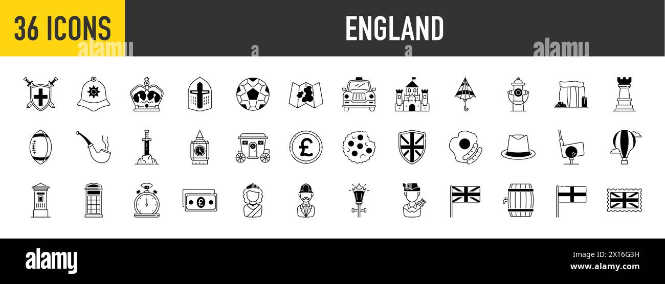 Ensemble icône Angleterre. Inclus les icônes comme livre sterling, Royaume-Uni, Londres taxi, reine, drapeau, et bien plus encore. Illustration de Vecteur