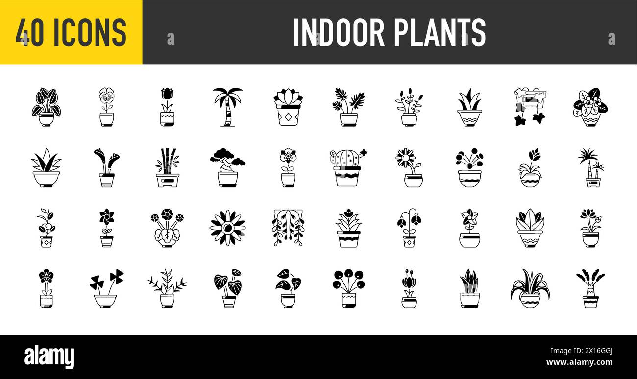 Plantes d'intérieur décoratives en pots. Plantes d'intérieur en pot de fleurs, vases, panier pour l'intérieur isolé sur fond blanc. Maison plus verte. Icônes vectorielles. Illustration de Vecteur