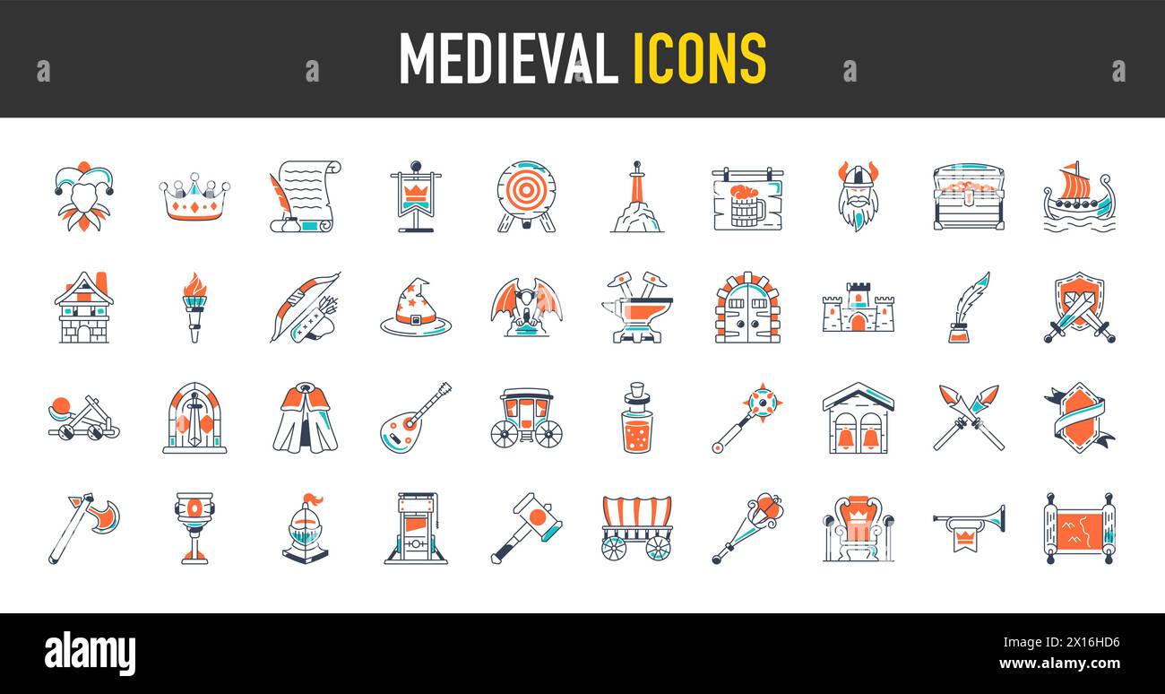 Ensemble simple de l'icône de vecteur lié au moyen-âge. Contient des icônes telles que Chevalier, Château, Couronne et plus encore. Illustration de Vecteur