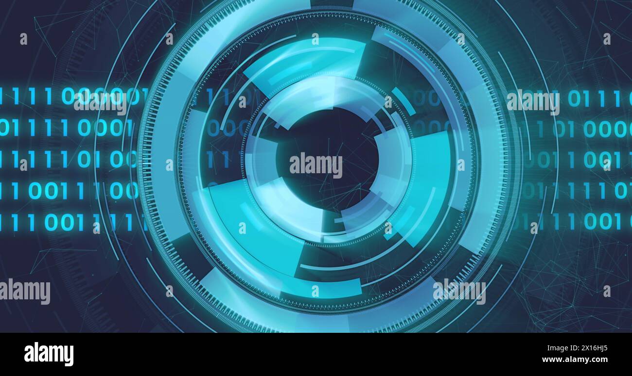 Image de cercles de chargement, de codes binaires et de points connectés sur fond noir Banque D'Images