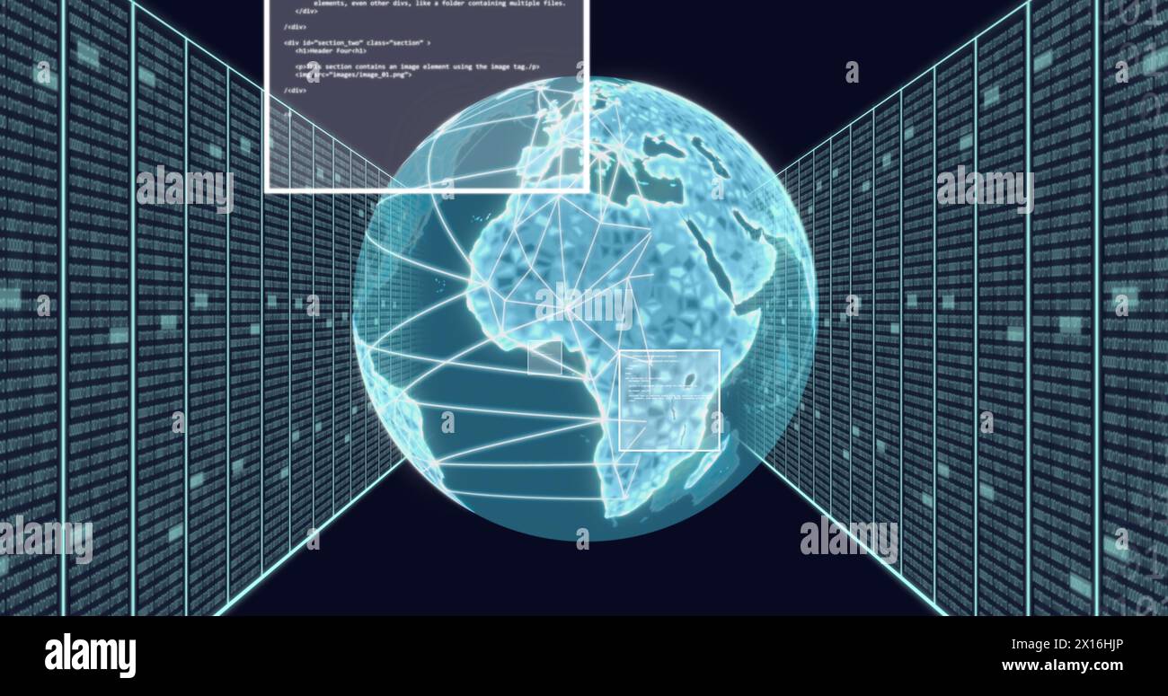 Image de codes binaires, langage informatique, globe tournant et racks de serveurs sur fond noir Banque D'Images