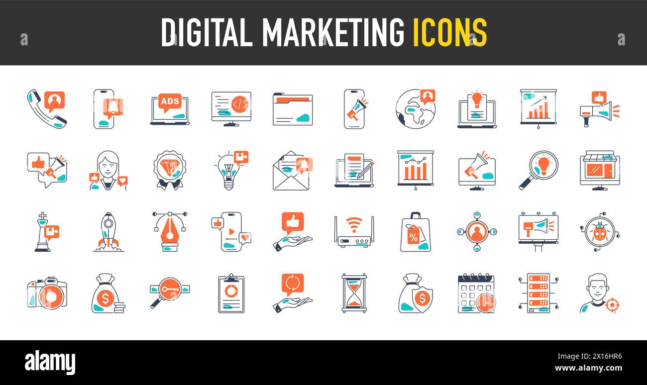 Jeu d'icônes de marketing numérique. Contenant seo, contenu, site Web, médias sociaux, ventes et publicité en ligne. Collection de symboles vectoriels solides. Illustration de Vecteur