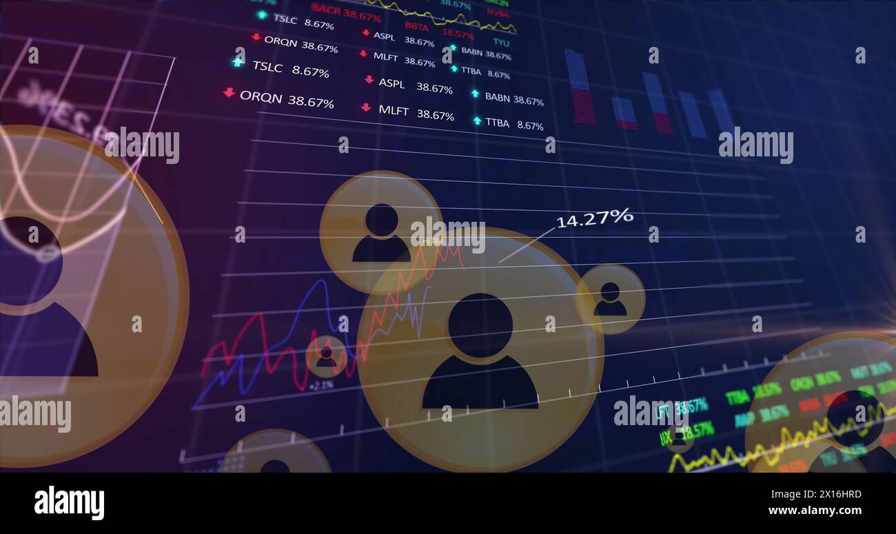 Image des icônes de profil, plusieurs graphiques, tableaux de négociation, langage informatique sur fond noir Banque D'Images