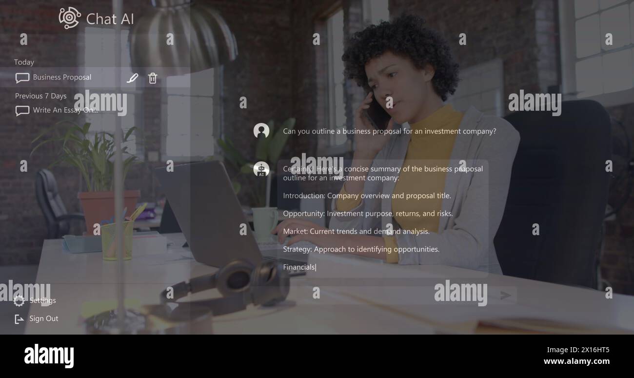 Chat ai logo et texte sur biracial occasionnel femme d'affaires parlant sur smartphone à l'aide d'un ordinateur portable Banque D'Images