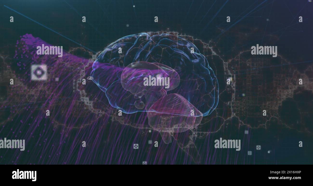 Image des viseurs, du cerveau humain et du motif d'onde dynamique sur fond abstrait Banque D'Images