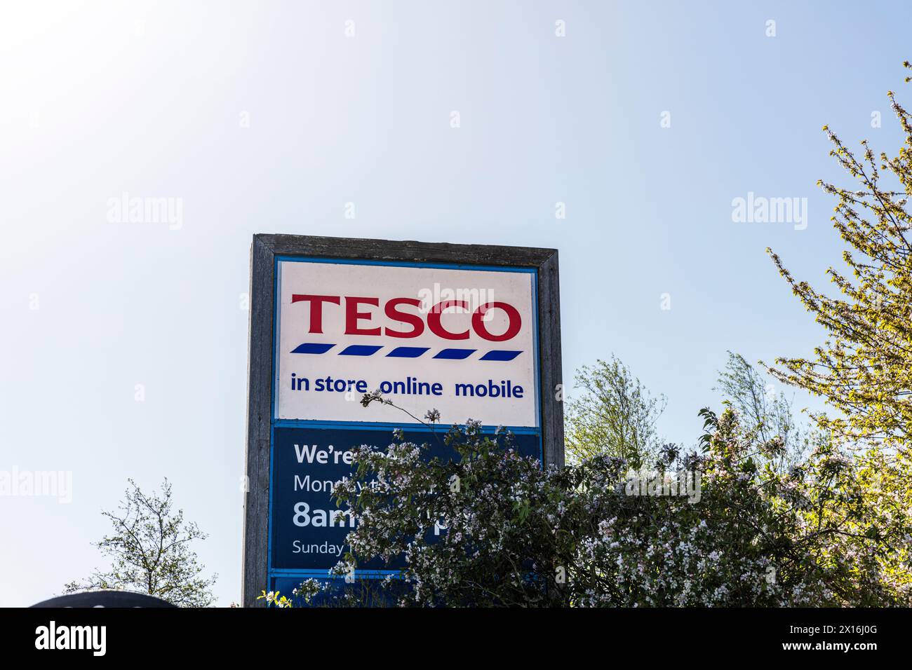 Signe Tesco, Tesco, logo Tesco, logo, signe publicitaire Tesco, espace de copie, espace de copie, Horncastle, Lincolnshire, Royaume-Uni, Angleterre Banque D'Images