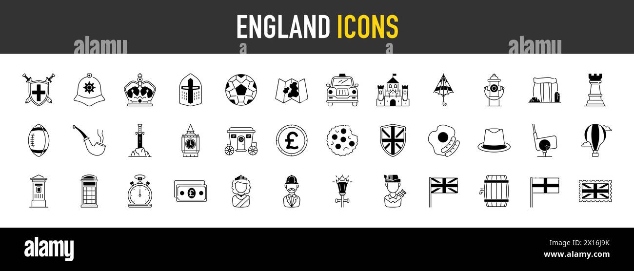 Ensemble icône Angleterre. Inclus les icônes comme livre sterling, Royaume-Uni, Londres taxi, reine, drapeau, et bien plus encore. Illustration de Vecteur