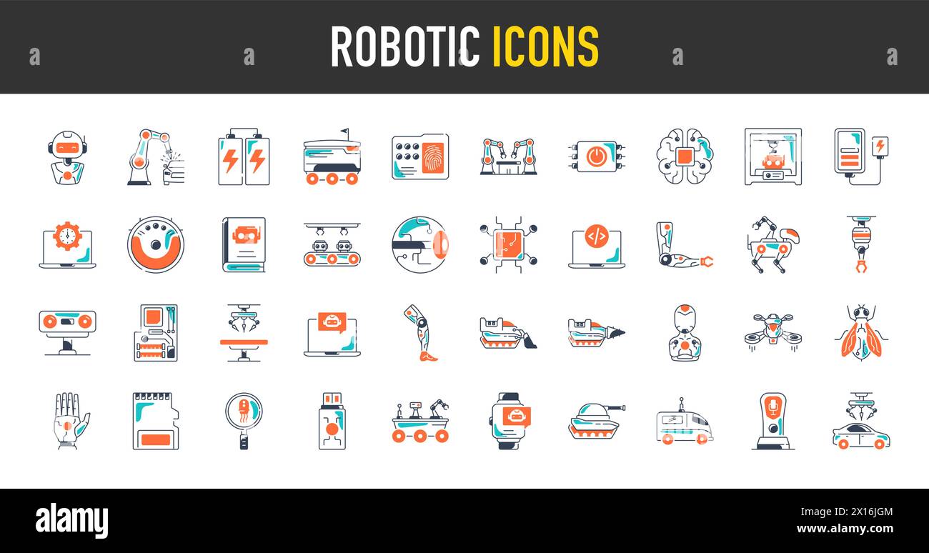 Icônes robotiques. Ensemble d'icônes avec apprentissage automatique, cerveau, ai, tête, machine, technologie, IA et plus encore. Illustration de Vecteur