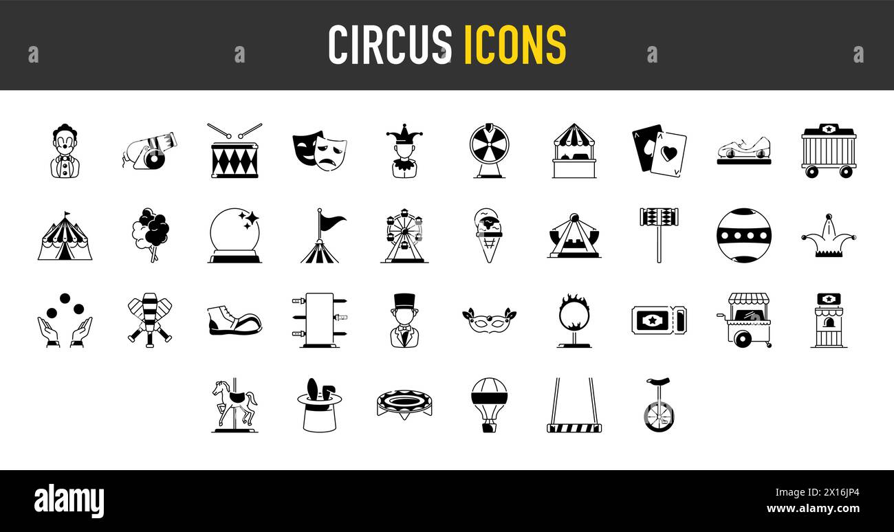 Jeu d'icônes Web minimal Circus. Inclus les icônes comme Rollercoaster, Carrousel, Circus, Ferros Wheel et plus encore. Collection d'icônes. Vecteur simple. Illustration de Vecteur