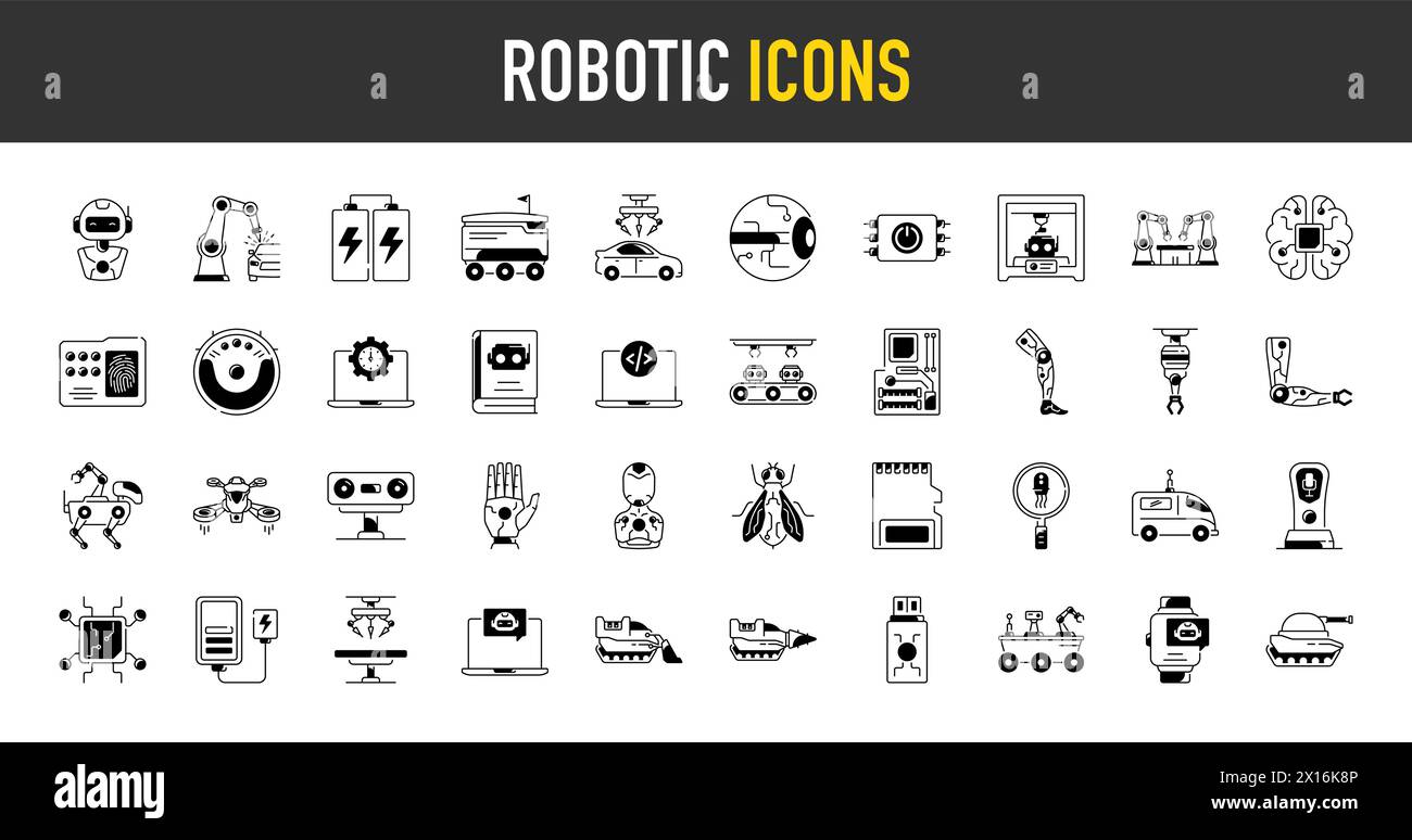 Icônes robotiques. Ensemble d'icônes avec apprentissage automatique, cerveau, ai, tête, machine, technologie, IA et plus encore. Illustration de Vecteur