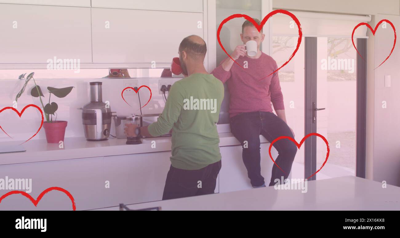 Image d'icônes de coeur sur un couple gay diversifié buvant du café Banque D'Images
