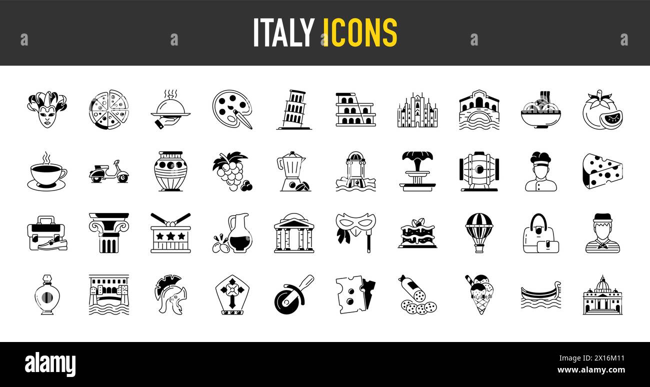 Icônes de l'Italie définies. Tourisme et culture, design mince. Symboles du pays. illustration vectorielle isolée. Illustration de Vecteur