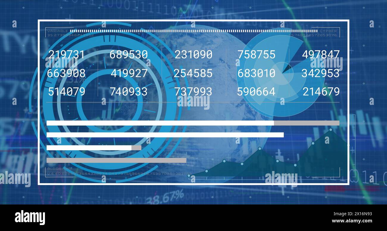 Image du globe, des cercles de traitement, des graphiques et des données financières sur écran numérique Banque D'Images