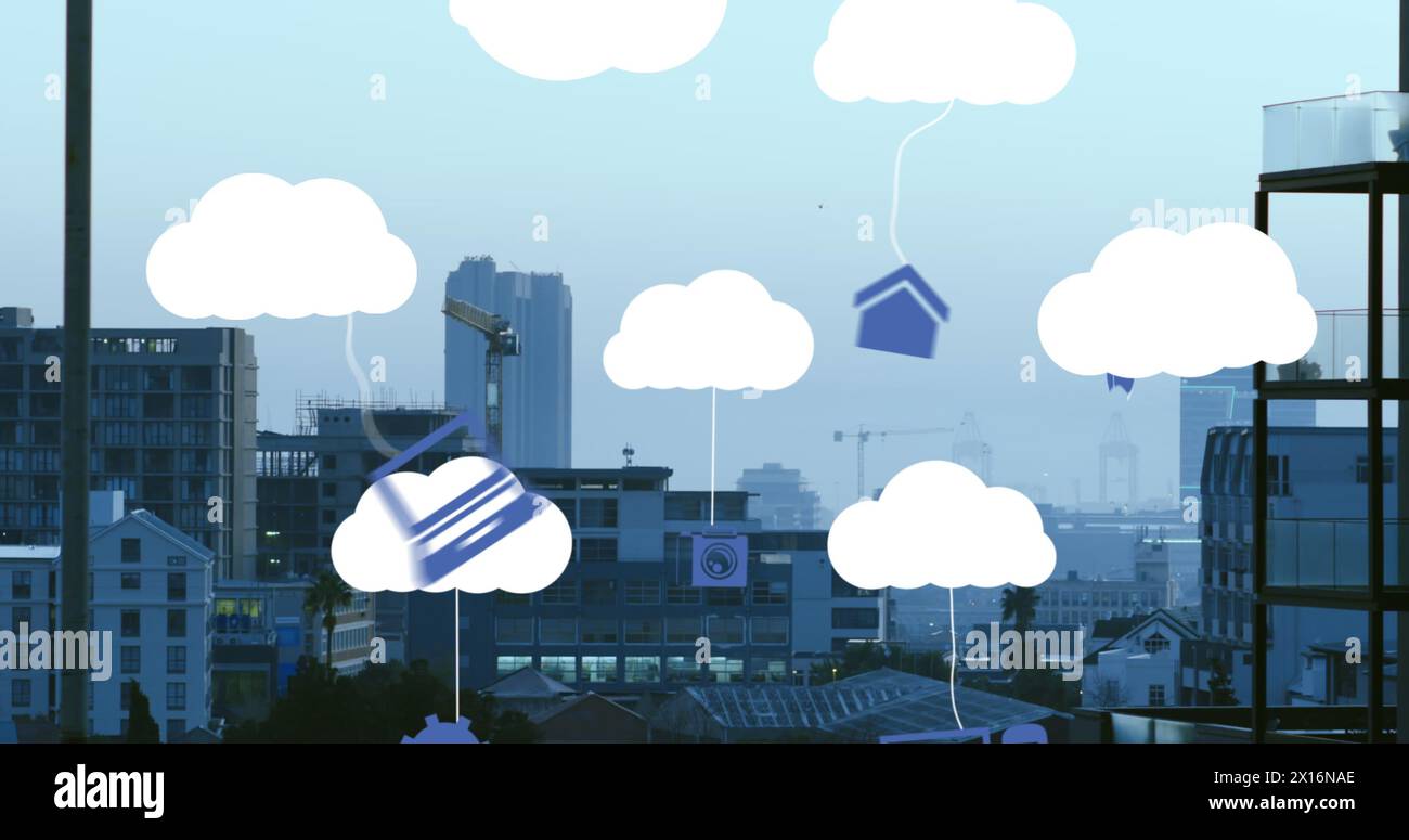 Image de nuages avec des appareils électroniques au-dessus d'un paysage urbain Banque D'Images