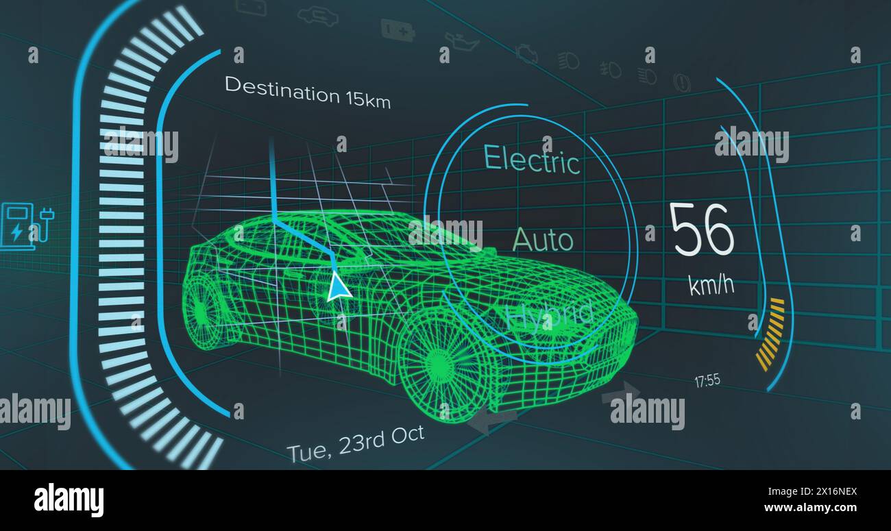 Image du compteur de vitesse sur le modèle 3D d'une voiture se déplaçant sur fond bleu Banque D'Images