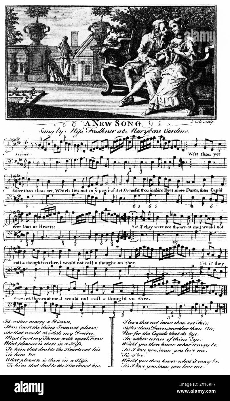 A New Song : chanté par Miss Faulkner à Marybone Gardens, c1747. Partition musicale pour une œuvre jouée à Marylebone Gardens. Marylebone Gardens ou Marybone Gardens était un jardin d'agrément londonien situé dans le parc de l'ancien manoir de Marylebone et fréquenté du milieu du XVIIe siècle au troisième quart du XVIIIe siècle. Banque D'Images