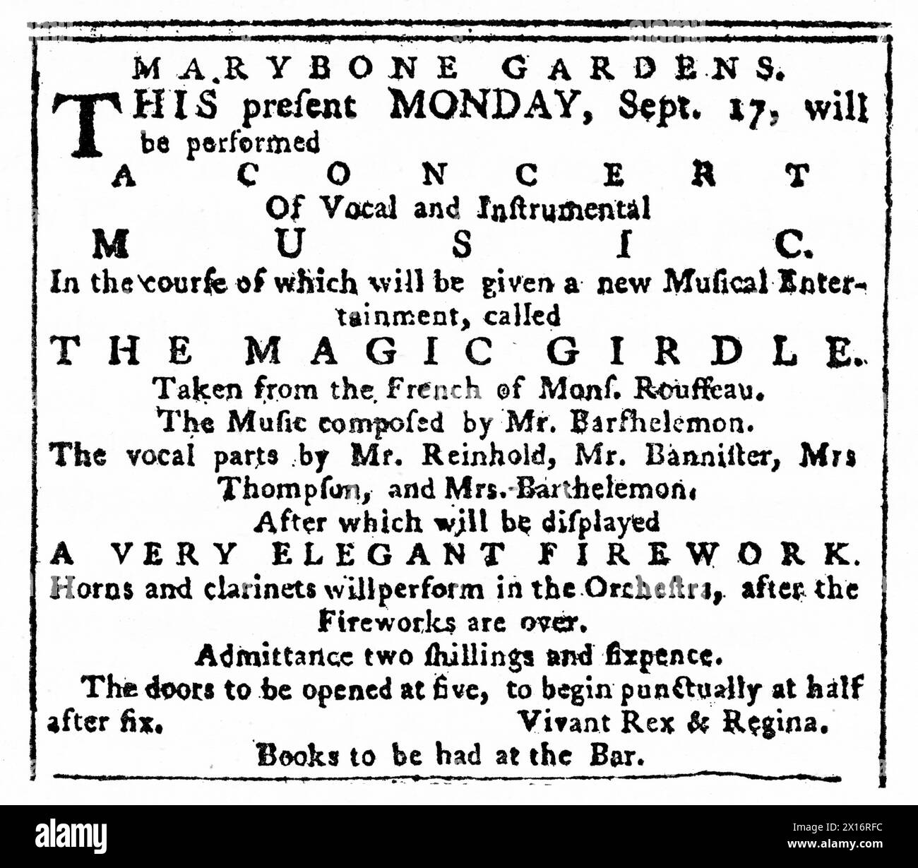 Un programme pour une soirée au Marylebone Gardens, septembre 1770. Marylebone Gardens ou Marybone Gardens était un jardin d'agrément londonien situé dans le parc de l'ancien manoir de Marylebone. De The Daily Advertiser, septembre 1770. Banque D'Images