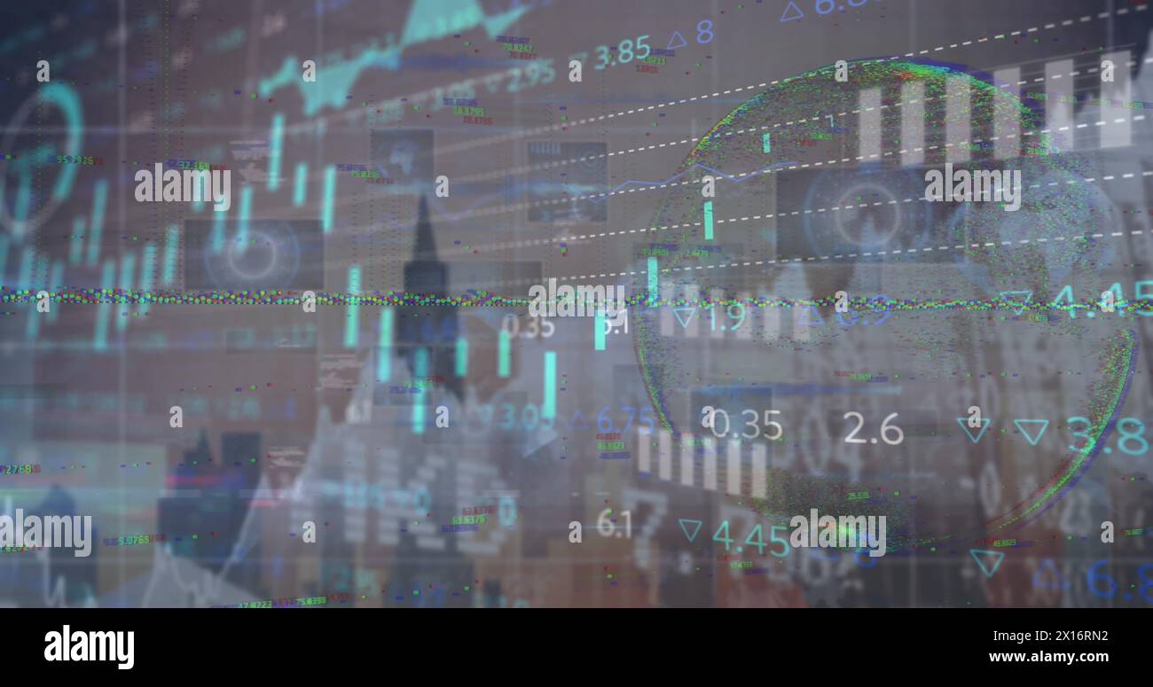 Cette image montre une image numérique de diverses données financières et graphiques en cours de traitement sur un ordinateur Banque D'Images