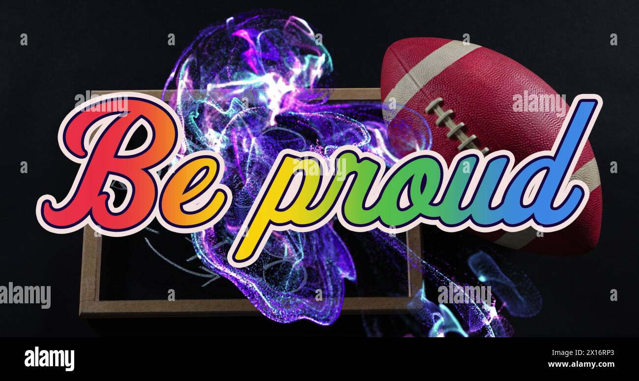 Image de texte Be Proud, motif abstrait sur ballon de rugby et plan de match sur ardoise Banque D'Images