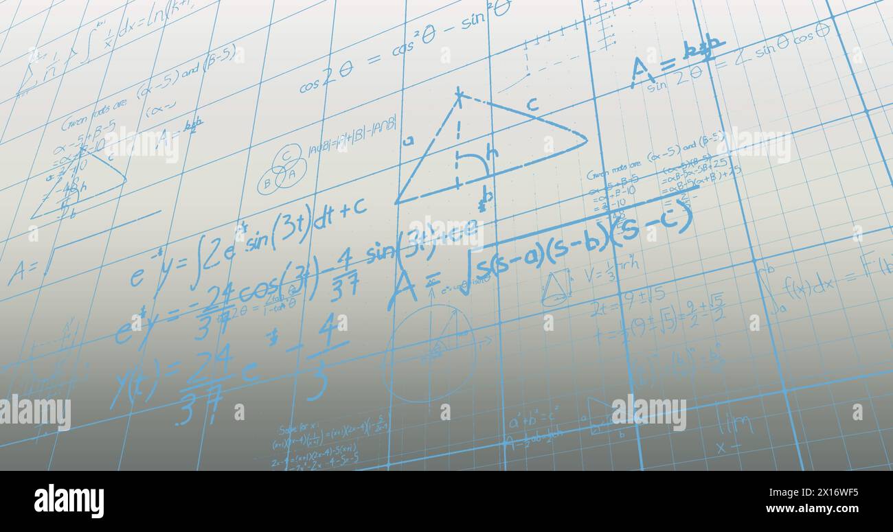Image d'une équation mathématique bleue et d'un diagramme sur un motif de grille sur fond abstrait Banque D'Images