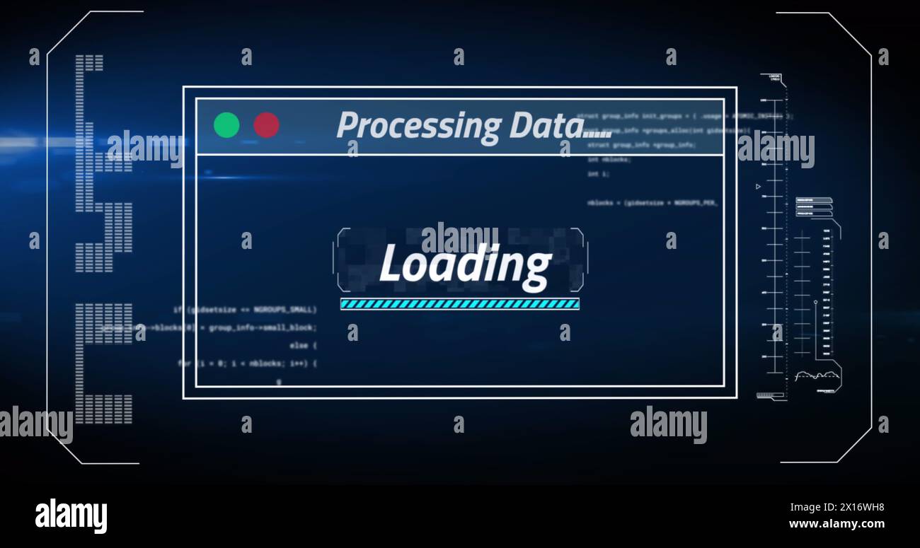 Image de l'interface avec le traitement des données contre la tache lumineuse sur fond bleu Banque D'Images