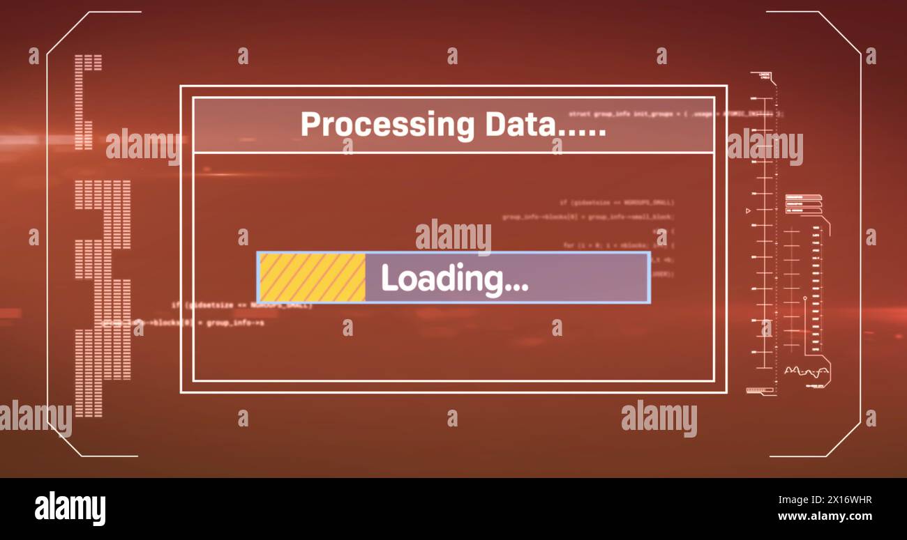 Image de l'interface avec le traitement des données contre un point lumineux sur fond rouge Banque D'Images