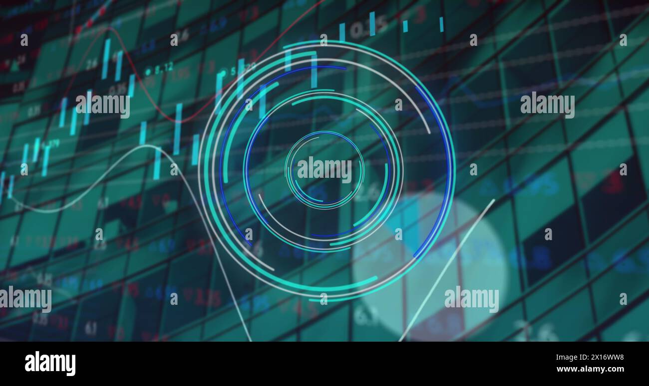Image du traitement des données financières et de la numérisation de la portée au-dessus d'un bâtiment moderne Banque D'Images