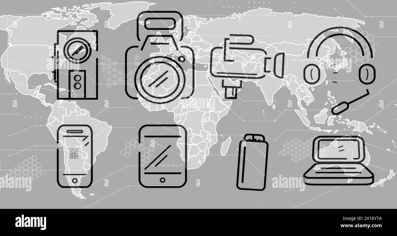 Image des icônes de technologie sur la carte du monde sur fond gris Banque D'Images