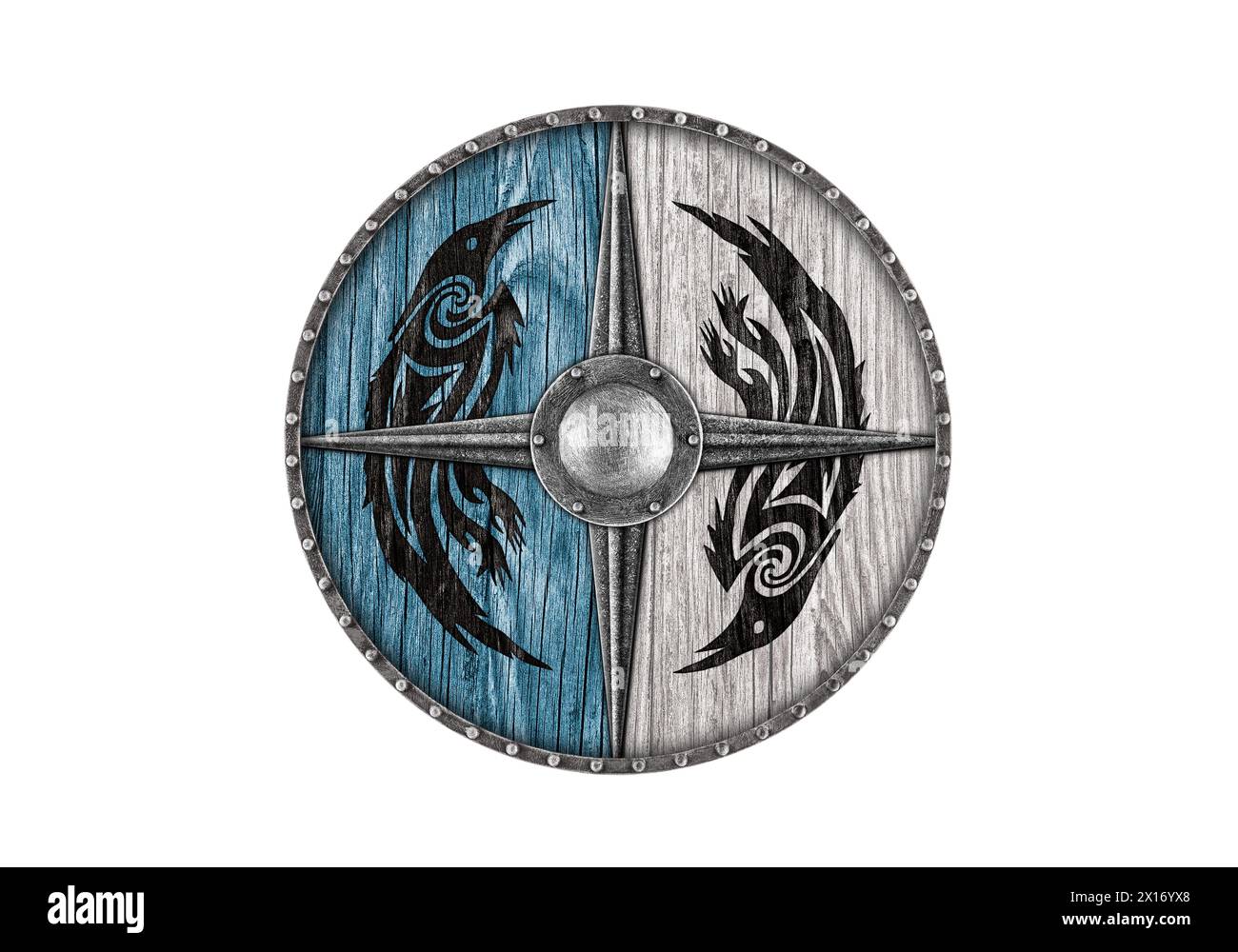 Vieux bouclier rond en bois décoré d'oiseaux peints isolés sur fond blanc Banque D'Images